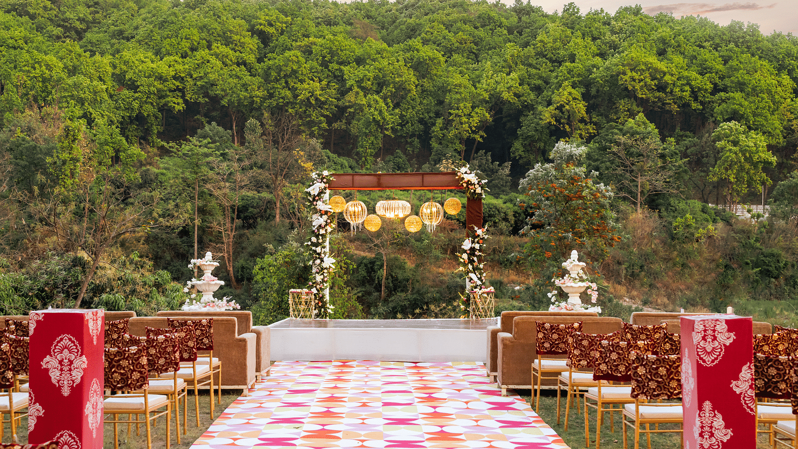 A view of a wedding setup in the lawn at The Sylvan Retreat, Dehradun.