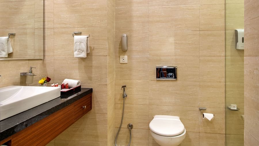 Well-equipped bathroom with a large vanity, mirror, and walk-in shower - Lords Eco Inn Shapar Rajkot
