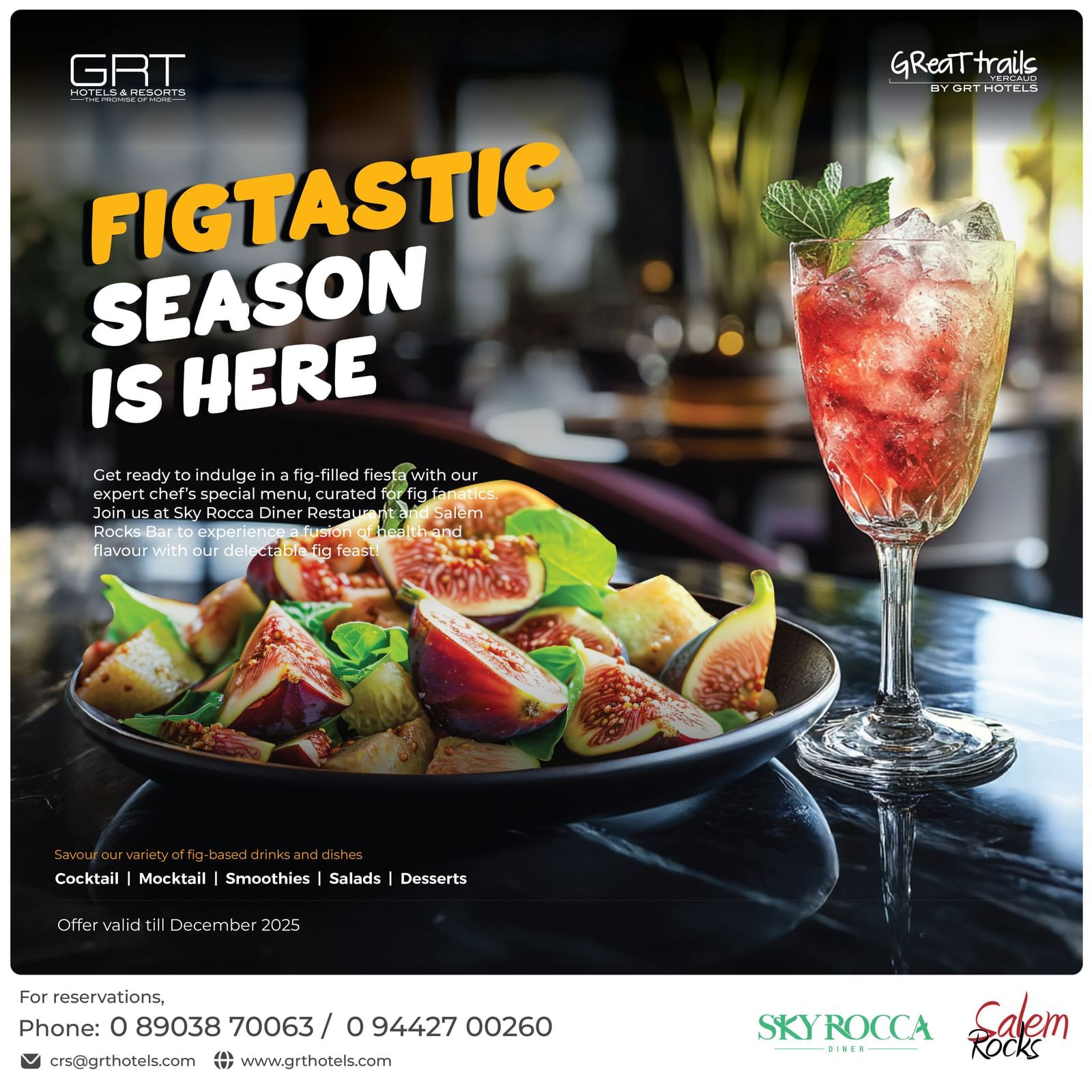 Promotional creative for FIGTASTIC SEASON IS HERE showing a plate of sliced figs next to a tall red cocktail glass & restaurant logo.