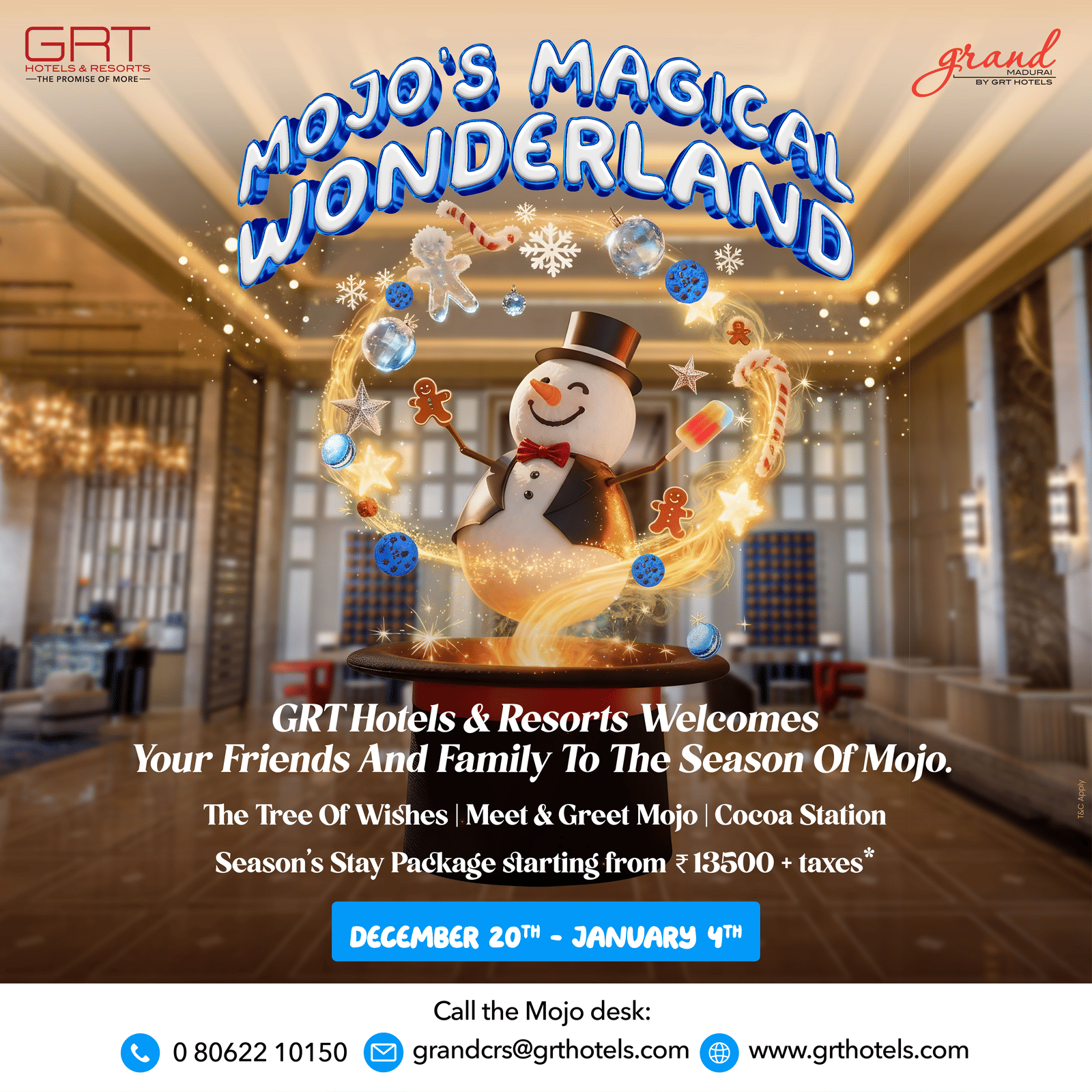 Decorative festive banner at Grand Madurai GRT Hotels & Resorts with holiday motifs, warm tones, and Christmas illustrations.