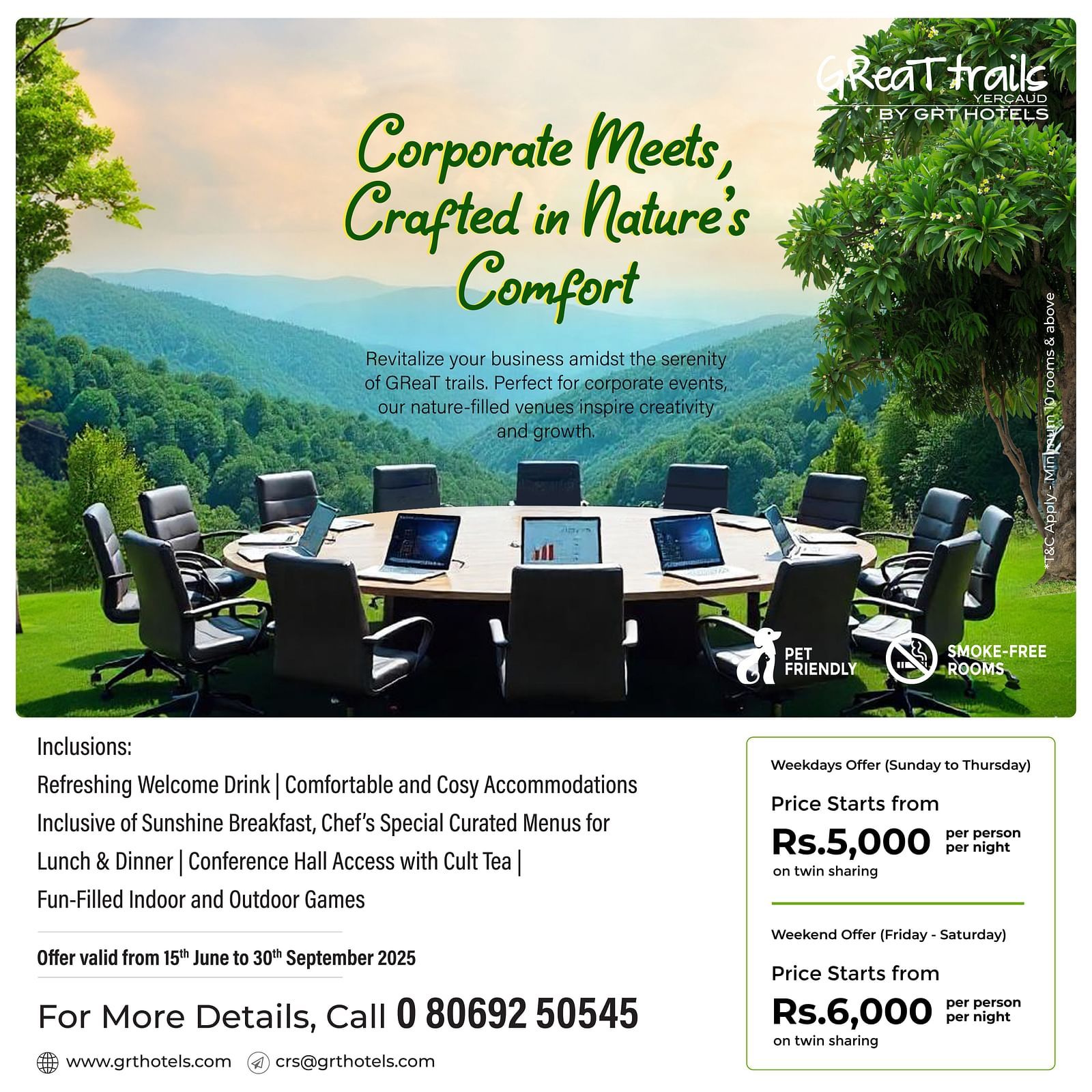 Corporate meetings in Yercaud from INR 5000. Includes meals, conference hall, and activities in a natural setting at Great Trails Yercaud by GRT Hotels.