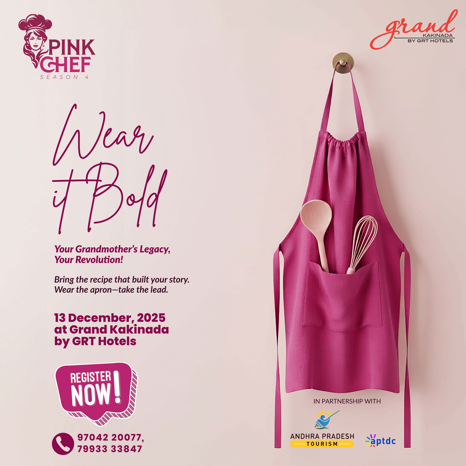 A promotional poster for Pink Chef Season Four featuring a pink apron with cooking tools, event details for a women’s cooking competition at Grand Kakinada by GRT Hotels.