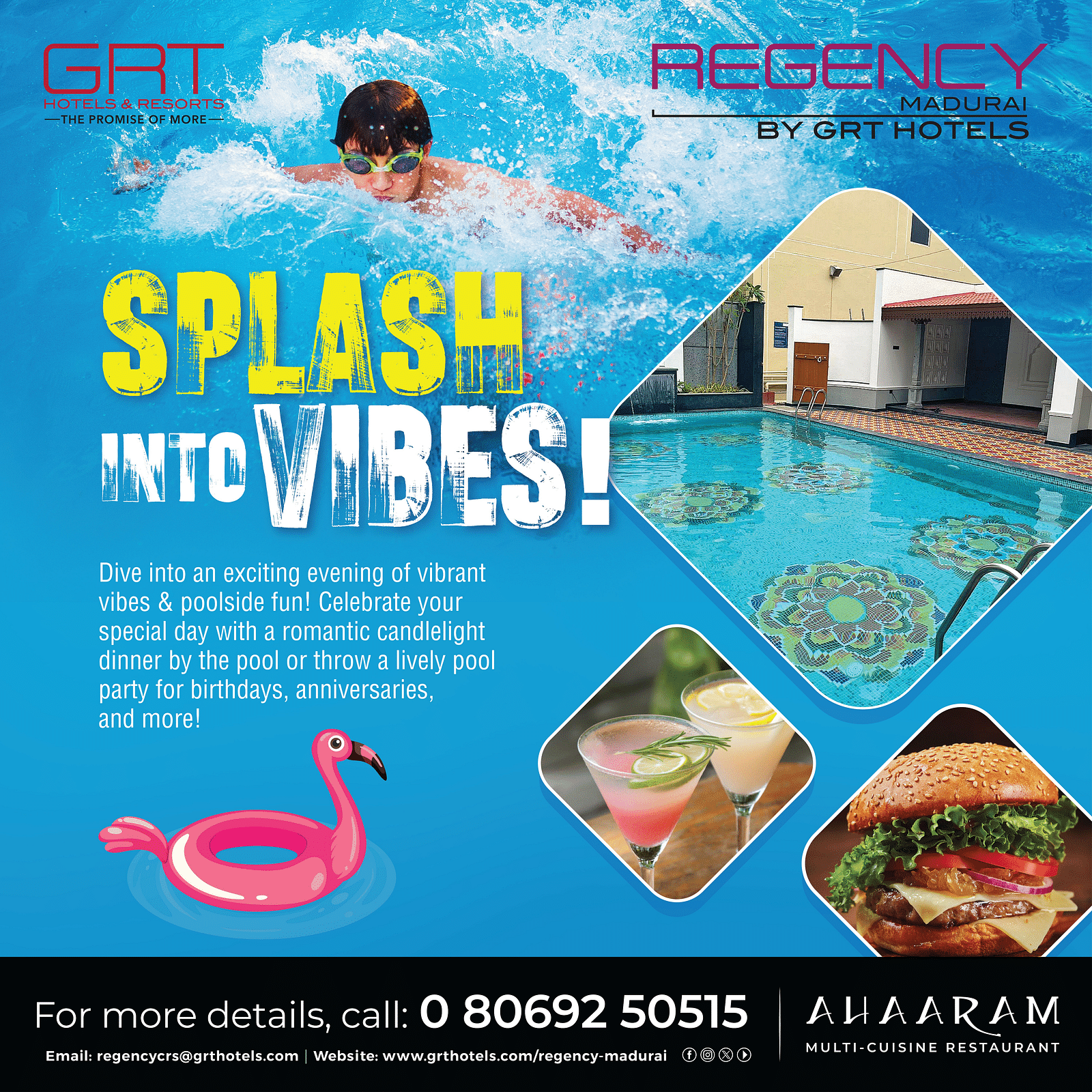 Creative featuring the 'Splash into Vibes' poolside offer at Regency Chennai by GRT Hotels, showcasing a child swimming in the pool