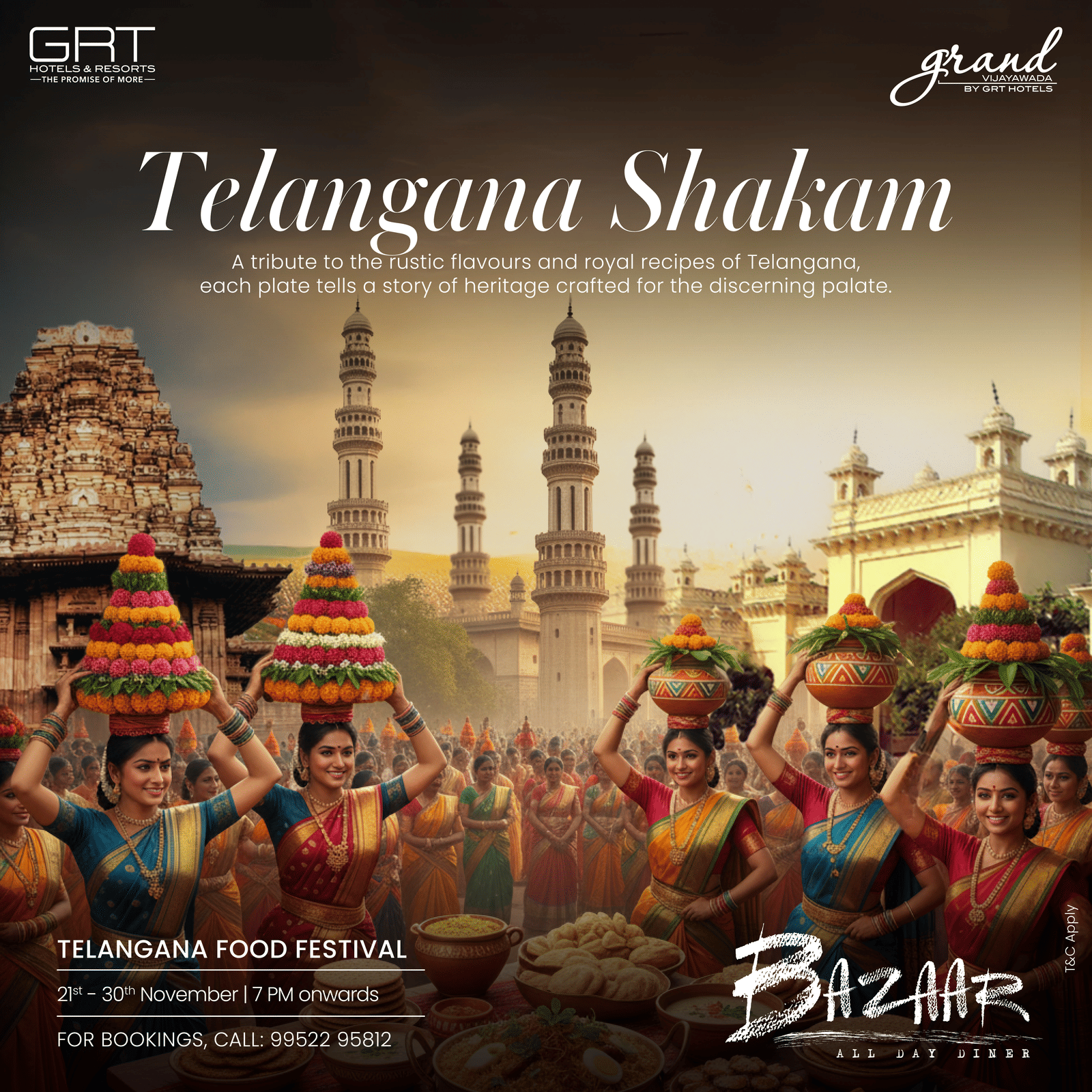 Promotional creative featuring Telangana Shakam with vibrant cultural visuals, traditional attire and authentic regional dishes set against iconic Telangana landmarks.
