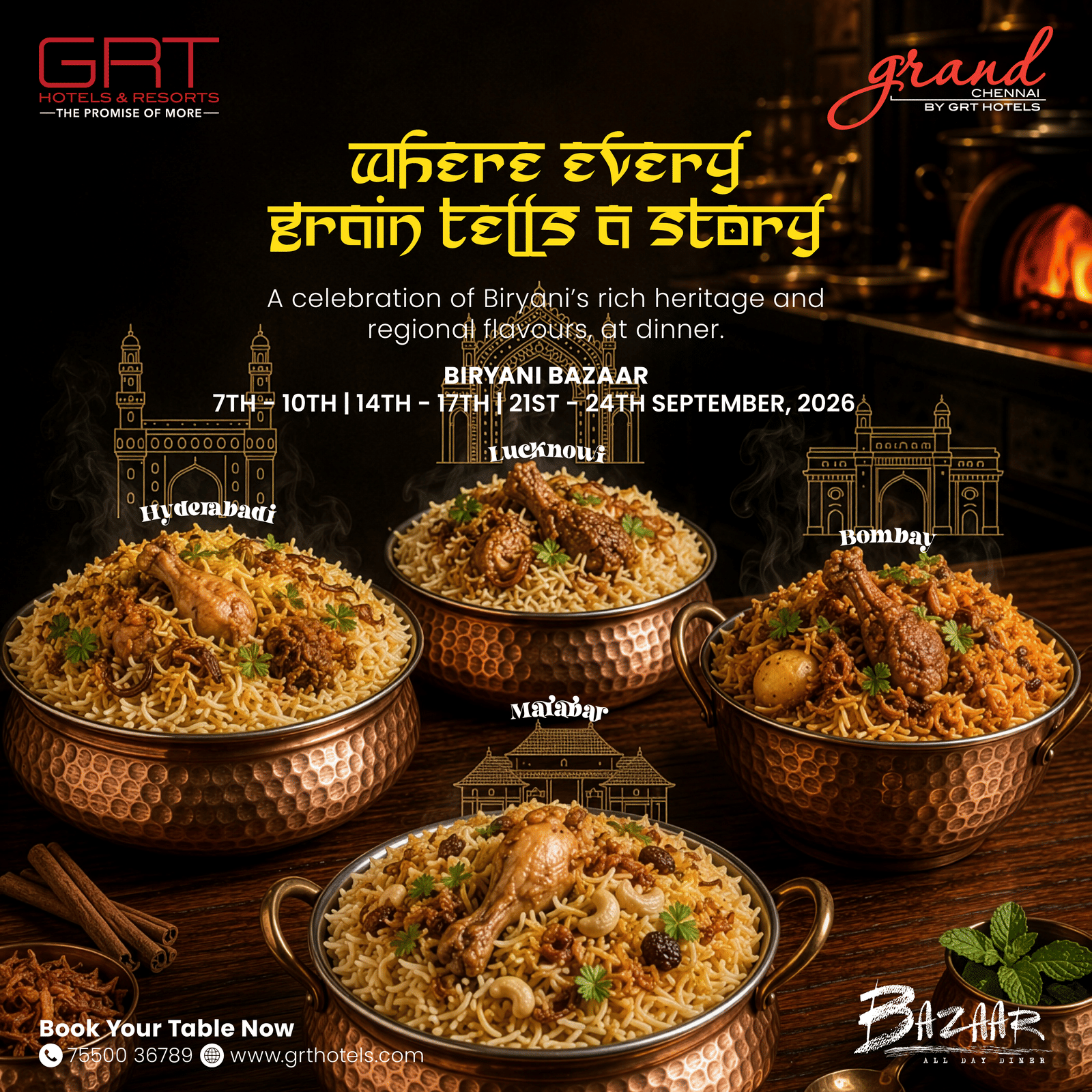 Promotional creative showcasing an enticing spread of aromatic rice dishes, inviting guests to savour a delicious culinary experience.