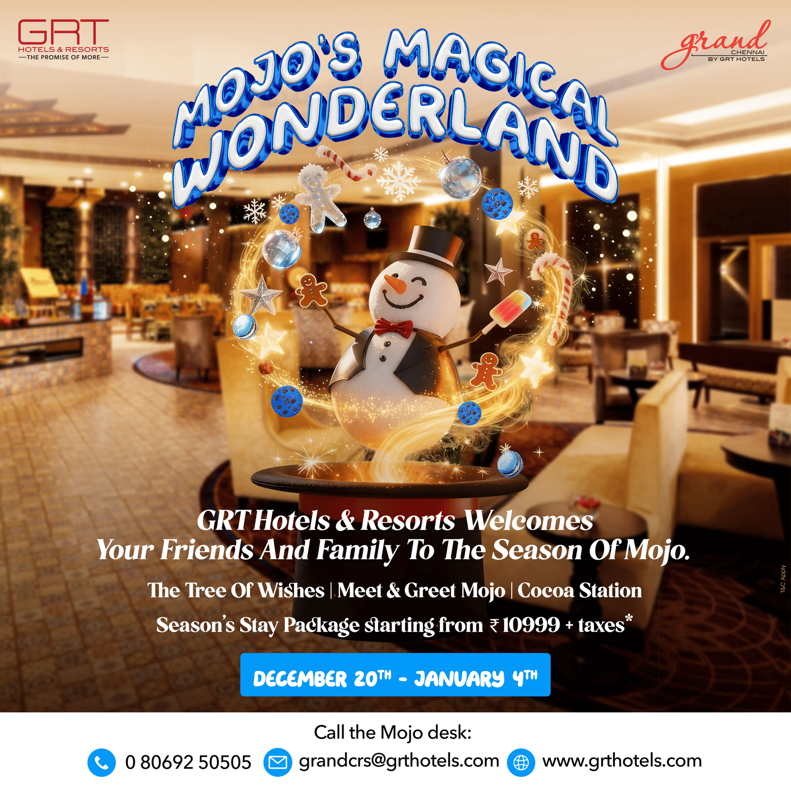 Festive banner at Grand Chennai by GRT Hotels & Resorts featuring holiday decor, warm lights, and a bright seasonal backdrop.