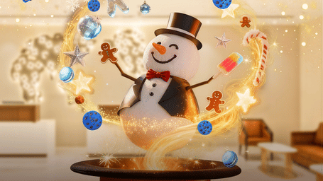 Colourful Christmas banner at Grand Vijayawada GRT Hotels & Resorts showcasing winter artwork, ornaments, and warm festive visuals.