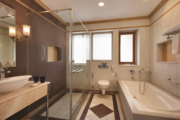 Premium Room: bathroom with basin vanity, glass shower enclosure, toilet and bathtub