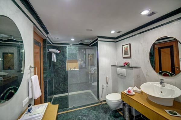 Super Deluxe Room: bathroom with glass shower, wall-hung toilet, round mirrors and wooden vanity with basin