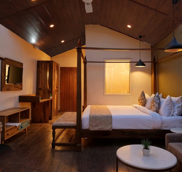 Warm timber-panelled bedroom at Nazaara Nature Retreat with a plush white bed and large windows facing the forest outside