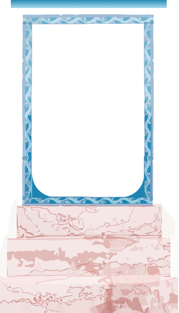 A background with a light blue decorative frame, placed on top of a stack of folded pink and white patterned steps.