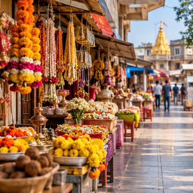 Marigold garlands, prasad and brass lamps on the stalls of Shirdi Market, with the temple shikhara beyond