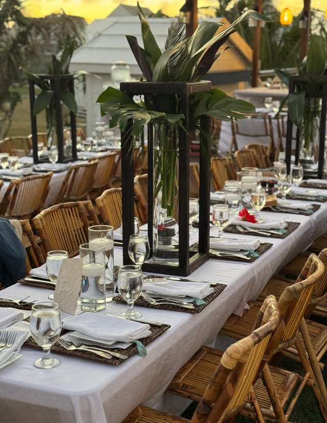 Oceanfront reception table at sunset at Abaco Inn