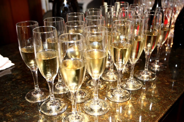 Champagne glasses set out for a celebration at Brewery Gulch Inn