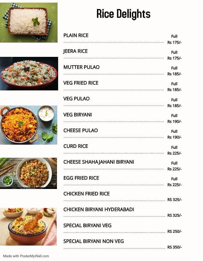 A menu of the Rice Delights offered by our delivery service - Motel Divine International, Roorkee