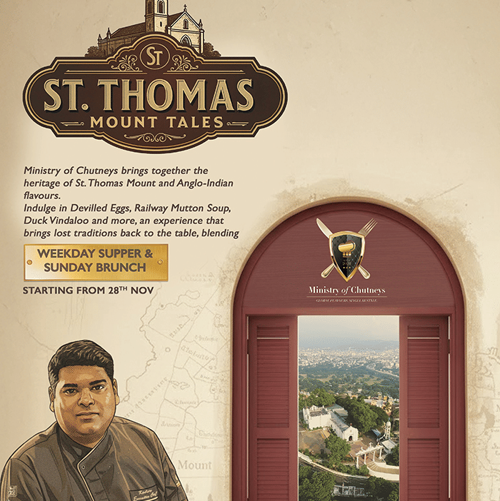 Poster for St. Thomas Mount Tales at Radisson Blu GRT Chennai, showcasing Anglo-Indian dishes, weekday supper, Sunday brunch, and a chef illustration with scenic window view.