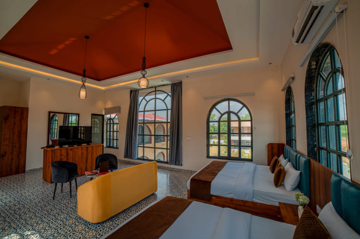 Bedroom TV console in the Nazaara Family Suite at Nazaara Hills Retreat, Udaipur.