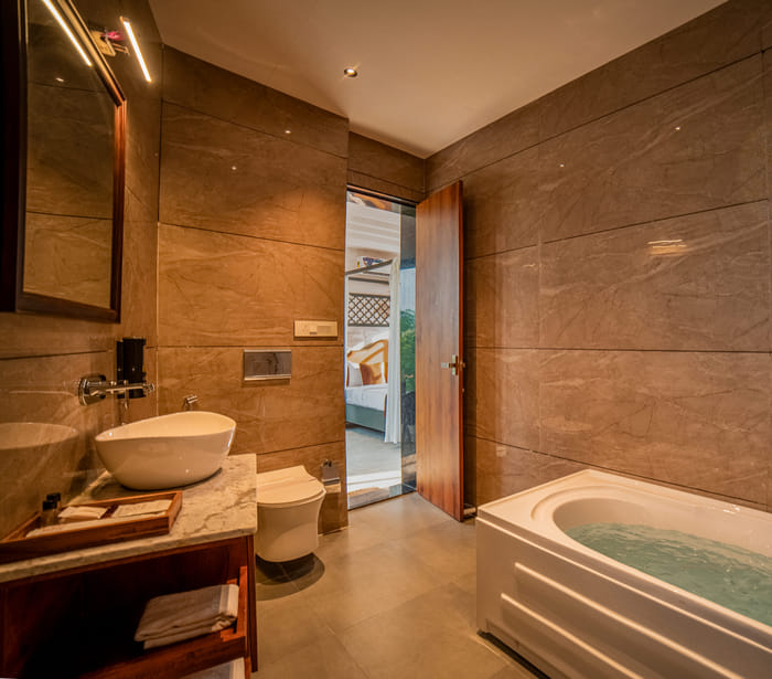 Bathroom vanity in the Nazaara Royal Suite at Nazaara Hills Retreat, Udaipur.