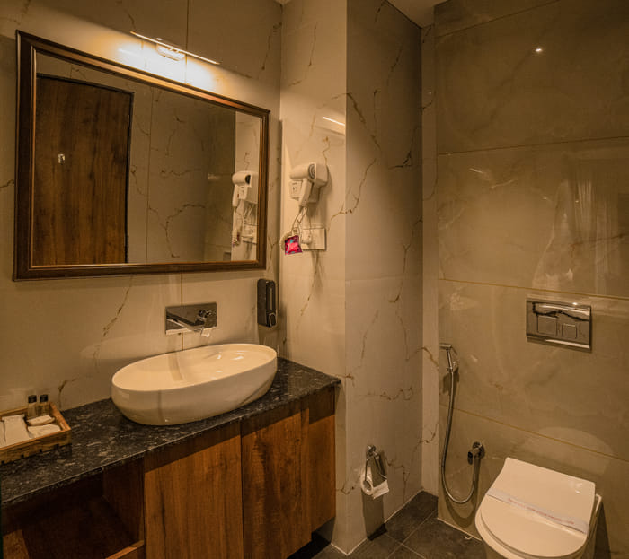 Bathroom sink and vanity area in the Premium Plunge Pool Room at Nazaara Hills Retreat, Udaipur.