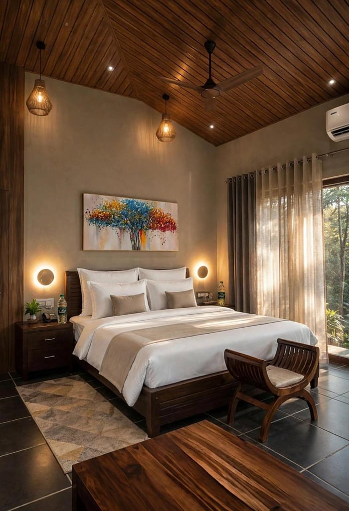 A wide bed beneath colourful tree artwork, with sliding doors opening to a garden-facing balcony at The Garud Forest, Tadoba