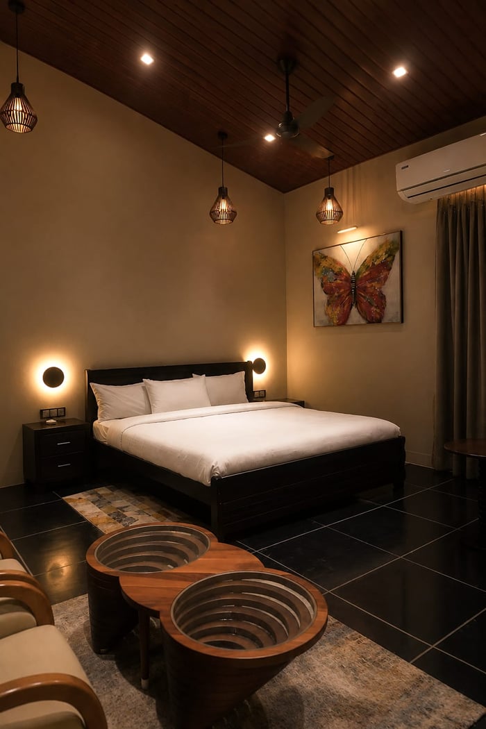 A wide bed in white linen beneath a butterfly painting and a vaulted wooden ceiling at The Garud Forest, Tadoba