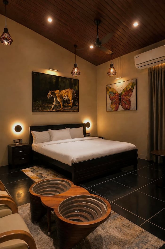 A wide bed in white linen below paintings of a tiger and a butterfly, lit by round wall lamps, at The Garud Forest, Tadoba