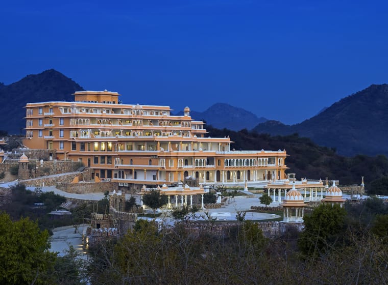 Facade of Fateh Vilas during twilight, ideal for a destination wedding in Udaipur