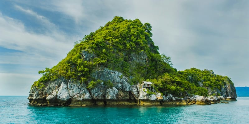 A forested island rising from turquoise water in the Andamans