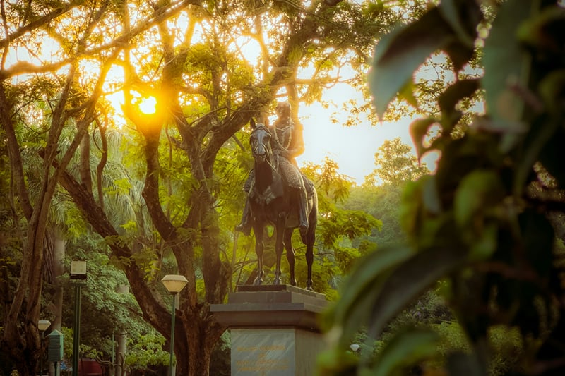 Sunlight through the trees beside a statue in Cubbon Park