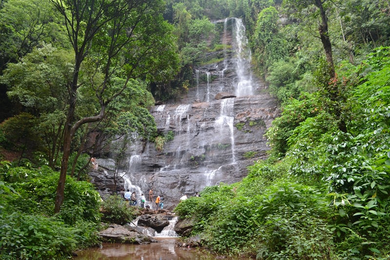 Honnammana Halla Falls cascading down a rock face surrounded by dense forest