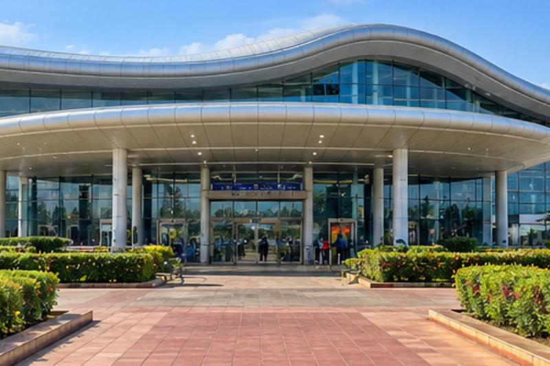 Curved glass terminal of Mysore Airport with landscaped gardens and the control tower behind