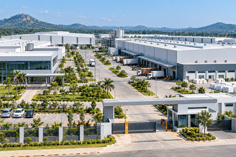 Large white factory buildings and warehouses in a landscaped industrial park