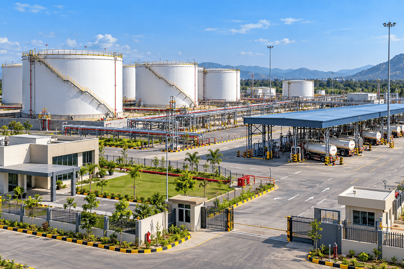 White fuel storage tanks and a tanker loading bay at a petroleum terminal
