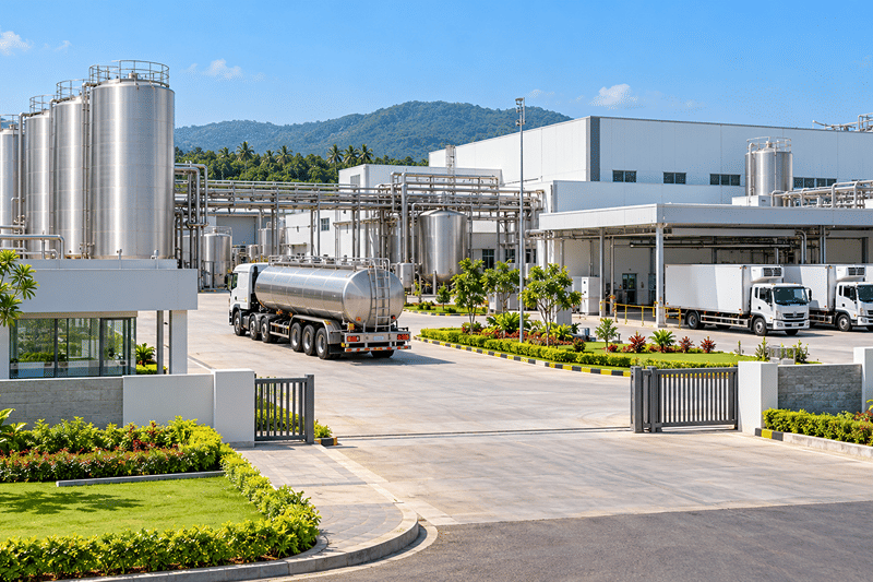 Steel milk silos and a milk tanker at a large dairy plant