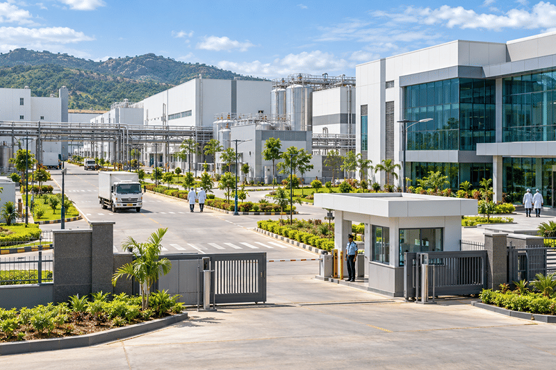 Modern glass-fronted manufacturing plant with a security gate and staff in white coats