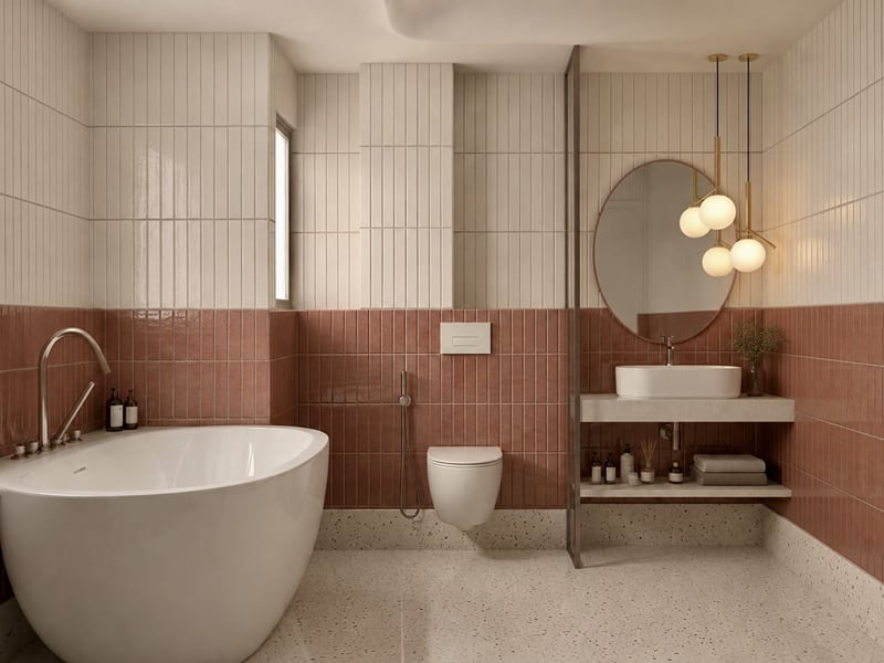Suite bathroom with a freestanding oval tub, terracotta tiling, and a round mirror | Shirgaonkar Beach Resort
