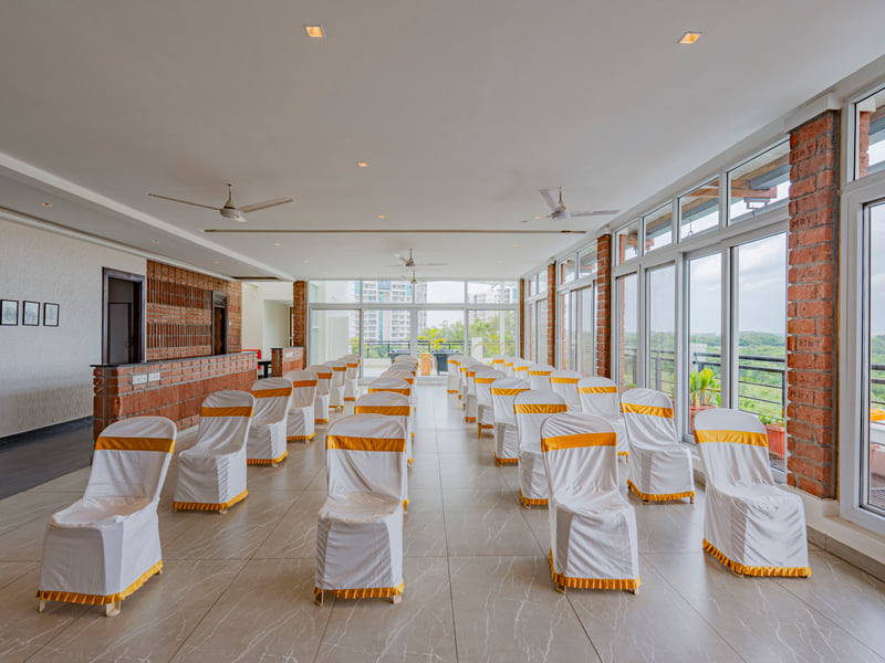 The terrace banquet hall set out in rows