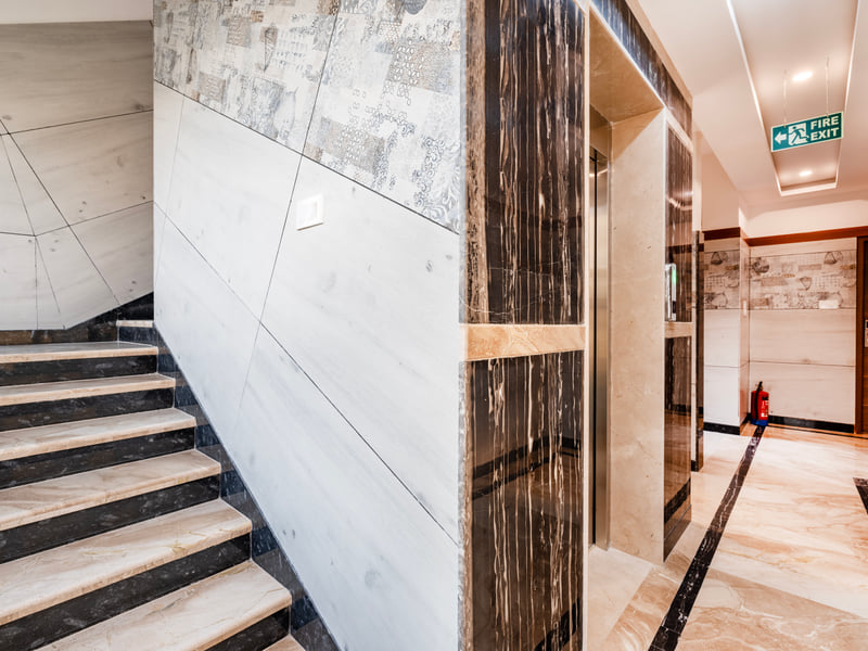 The staircase and lift lobby at RD Hotels, Peenya