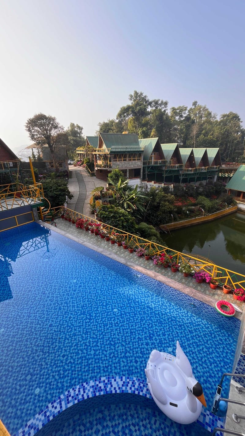 Outdoor swimming pool with the baby pool, framed by flowering planters