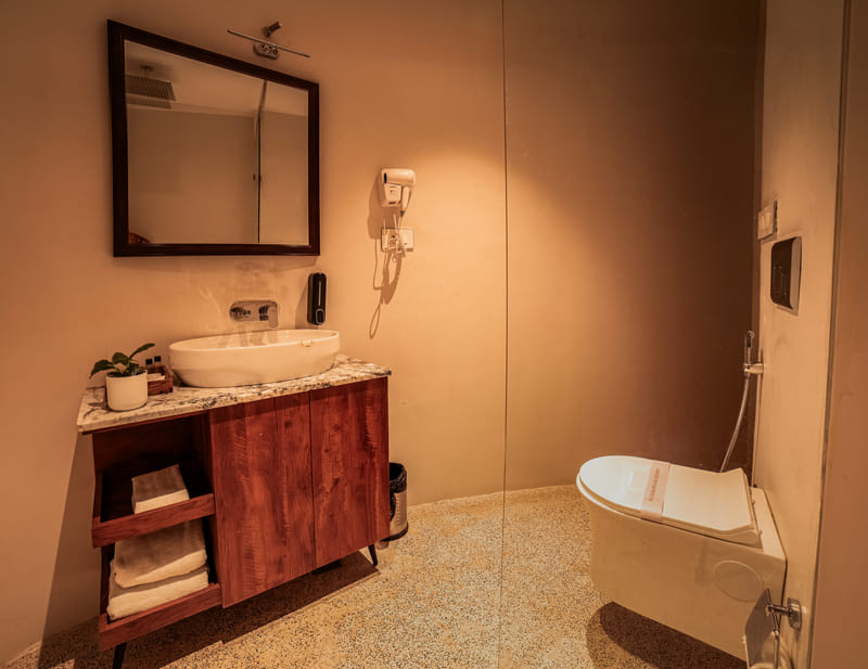 The indoor bathroom vanity of the Luxurious Cabana Cottage at Nazaara Hills Retreat, Udaipur.