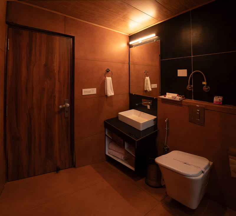 A bathroom vanity, sink, and toilet in one of the standard rooms at Nazaara Luxe Retreat