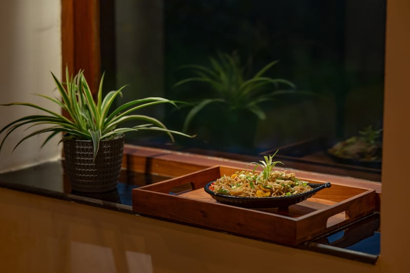 A bowl of noodles served beside a potted plant at Restro & Café, Nazaara Luxe Retreat