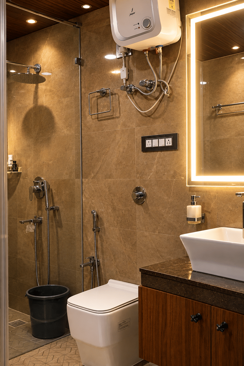 A bathroom with a glass walk-in shower, stone-tiled walls, and a backlit mirror above the vanity at The Garud Forest, Tadoba