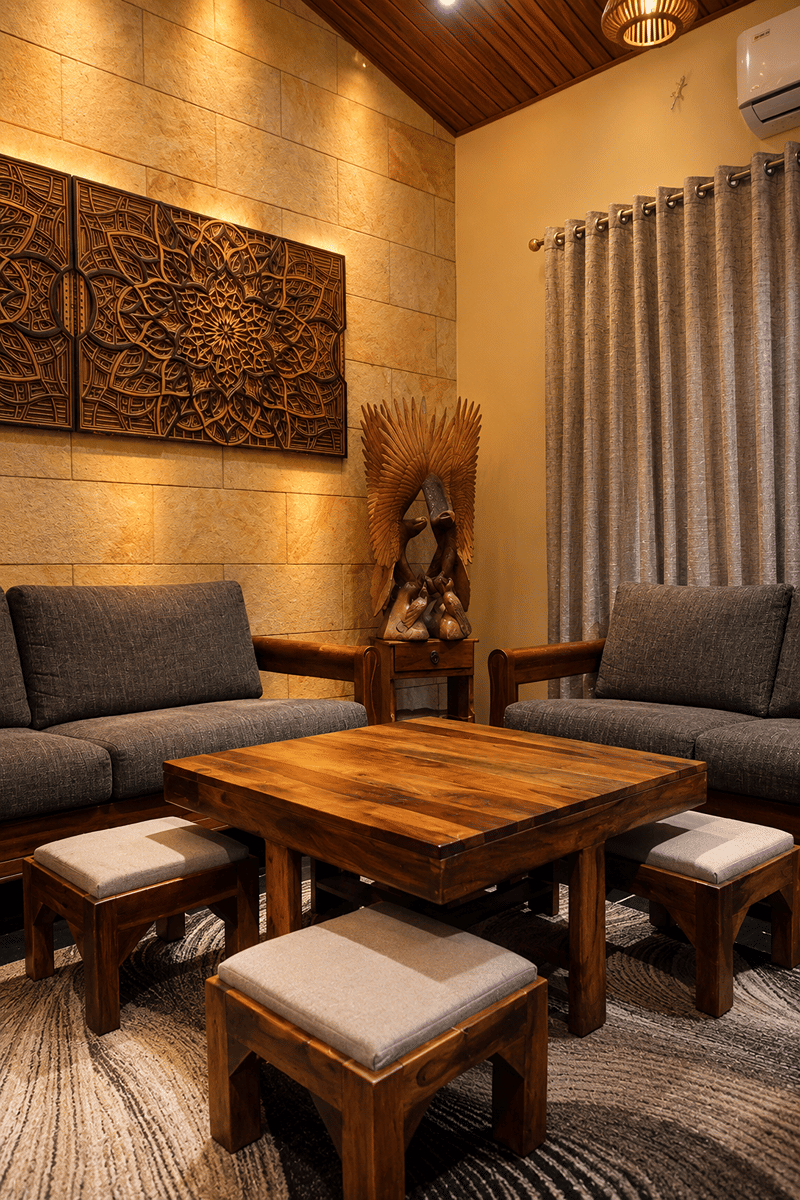 A lounge with grey sofa seating, a low wooden table, and carved mandala panels on a stone wall at The Garud Forest, Tadoba