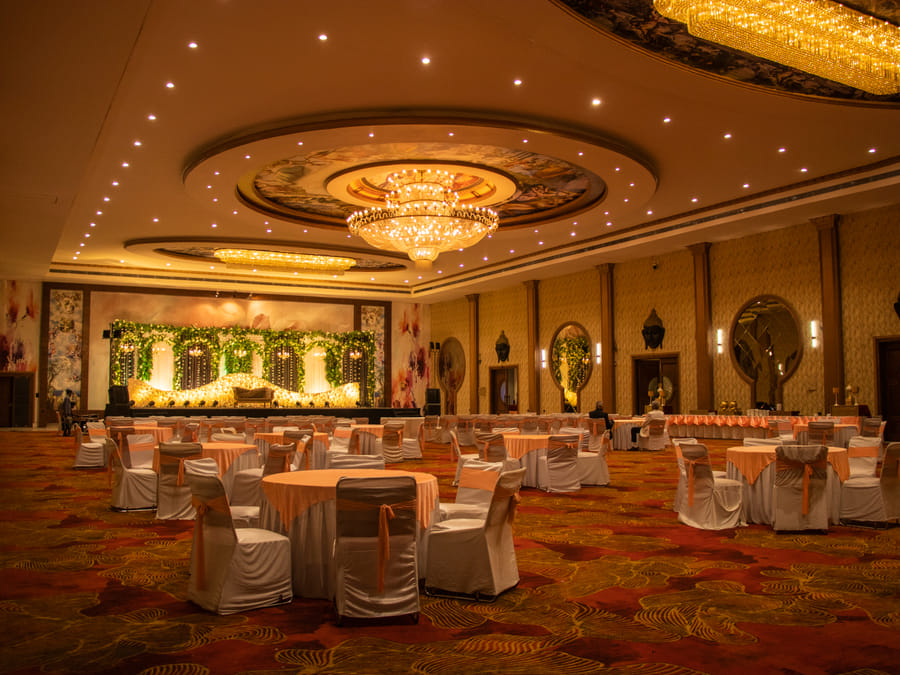 Skyline by Miraya, Galaxy Hall, Chandelier-lit hall dressed for a wedding