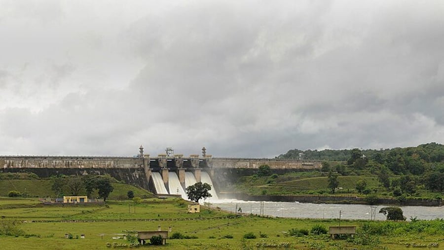 Water released through the crest gates at Harangi Dam, Kushalnagar, Coorg
