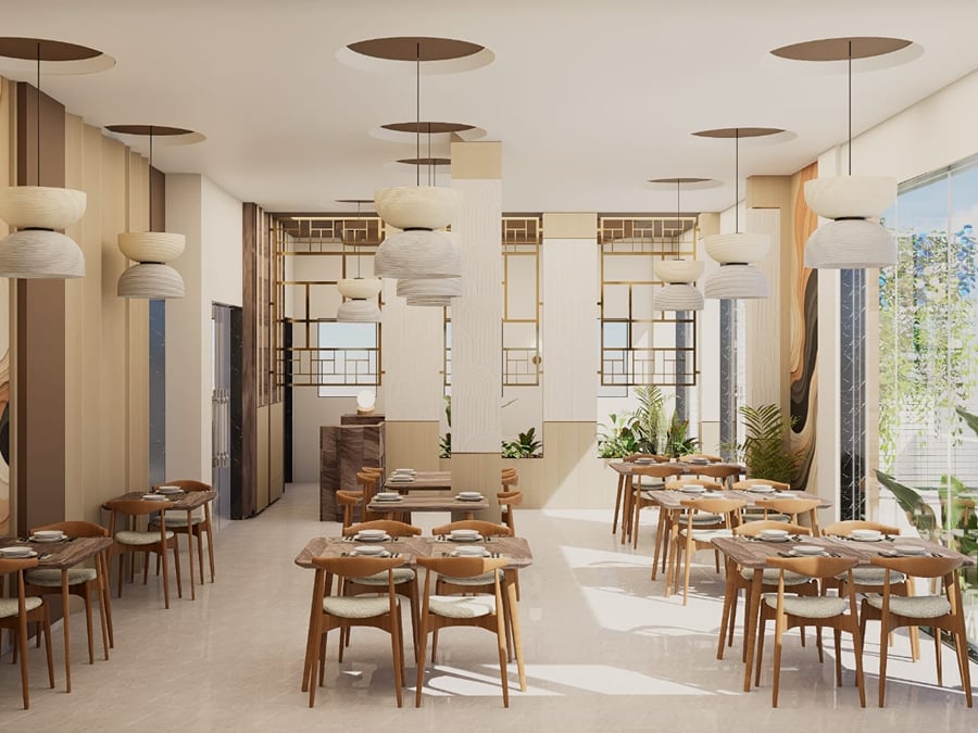 Restaurant seating with wooden chairs arranged along a panelled wall | Shirgaonkar Beach Resort