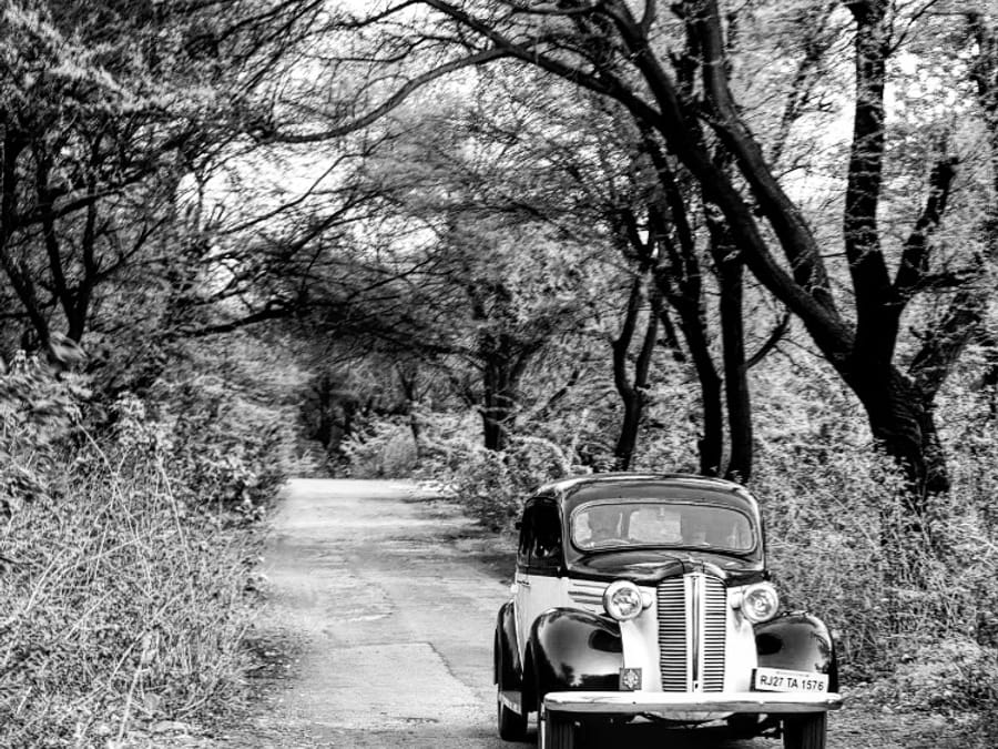 Guests on a vintage car ride through the countryside near Udaipur