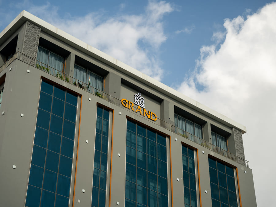 Building signage at RG Grand Hotel & Convention, Bengaluru
