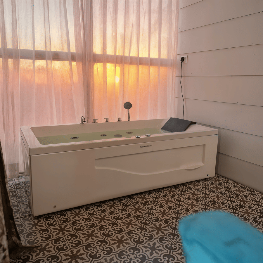 Private Jacuzzi bathtub at Nazaara Nature Retreat's Luxe Cottage, bathed in warm sunset light through sheer curtains.